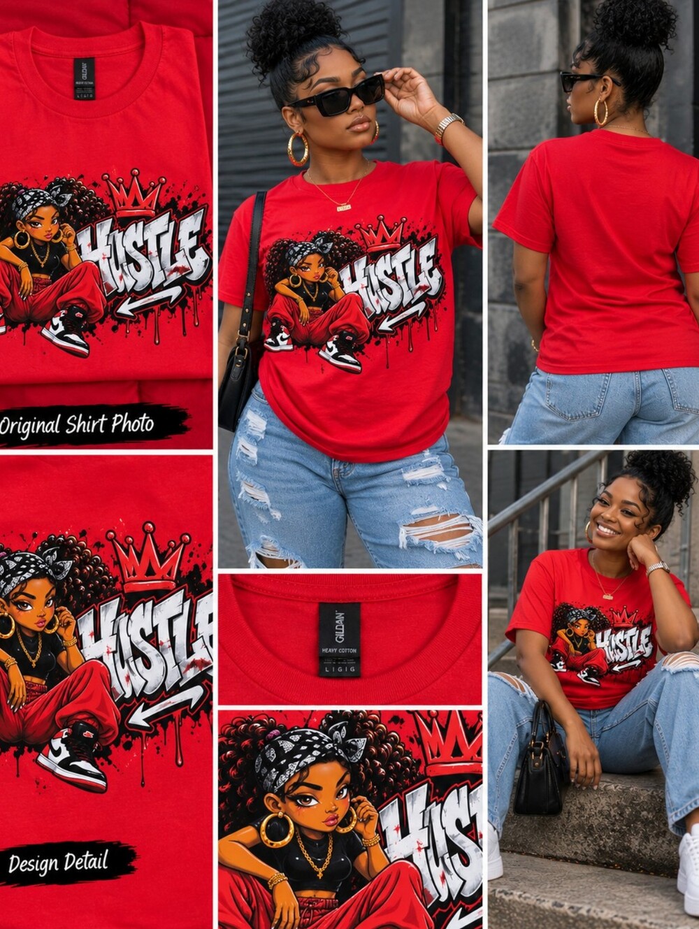 "Custom NWOT" Graphic 'Hustle' Red Tee with Urban Girl Illustration - Unbranded
